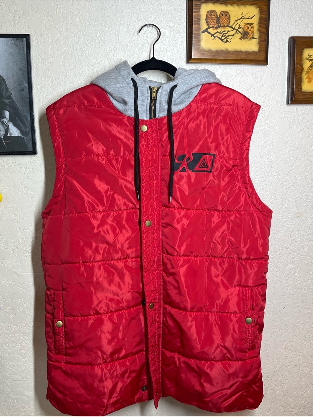 Red Quilted Hooded Vest with Grey Hood